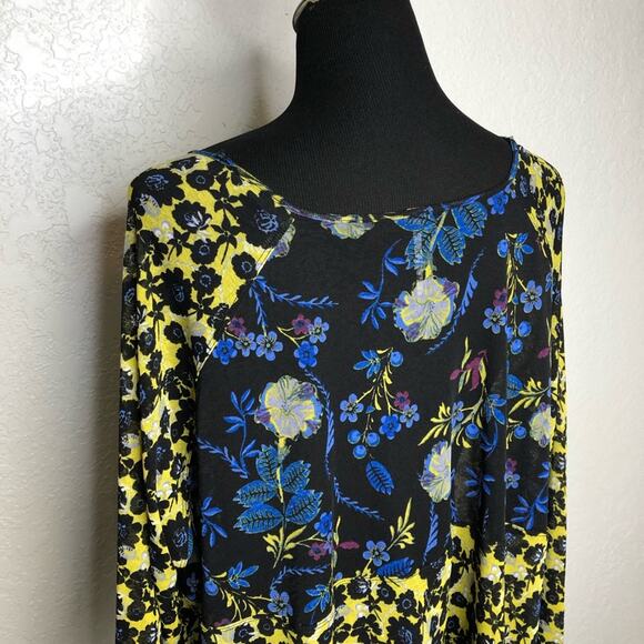 Free People Isabelle black blue yellow floral sheer v neck tunic top size Small - Picture 12 of 16